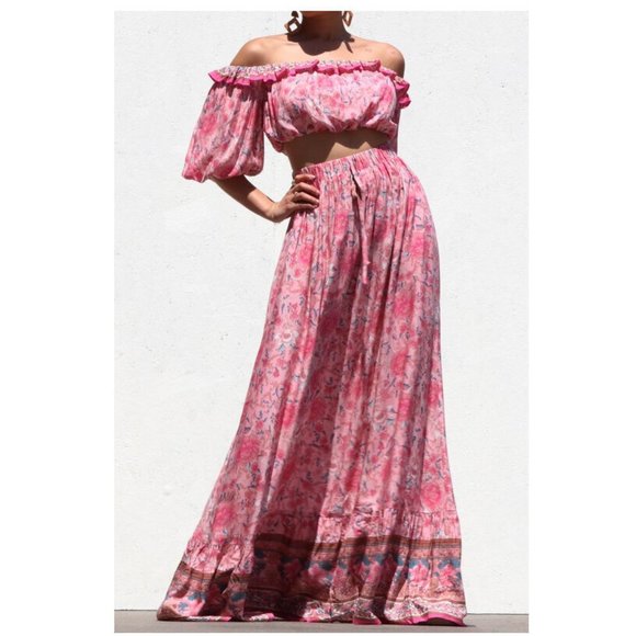 Boho Gypsy Peasant Off Shoulder Ruffle Crop Top Flared Maxi Skirt 2 Piece Set - Picture 1 of 7